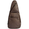 A brown faux-leather sling backpack with multiple zippered compartments, shown against a plain white background.