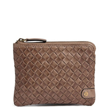Brown woven clutch bag on a white background