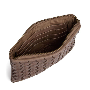 Brown woven clutch bag with a zipper on a white background