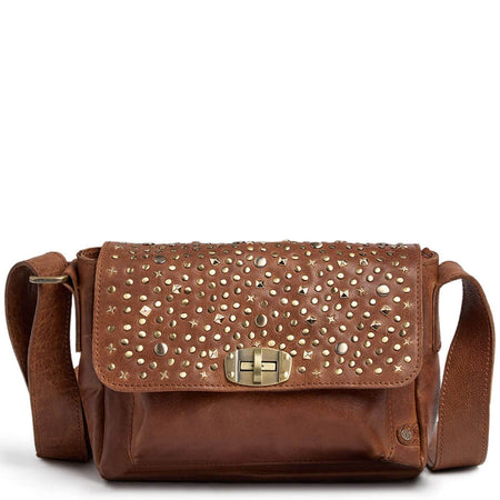 Depeche Gold Studded Vintage Cognac Leather Crossbody Bag