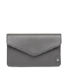 A gray pebbled leather envelope clutch bag with a silver snap button closure on the bottom right, shown against a plain white background.
