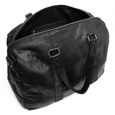 Black leather duffel bag with multiple zippers on a white background