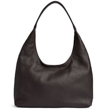 A dark brown pebbled leather hobo shoulder bag with a single strap, photographed against a solid white background.