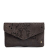 A dark brown snakeskin-patterned envelope clutch wallet with a small gold button on the bottom right, shown against a plain white background.
