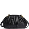 A black leather shoulder bag with a gathered, pleated texture and gold-tone hardware, shown against a plain white background.
