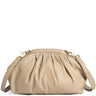 A beige leather shoulder bag with a gathered, pleated front and a thin matching leather strap, accented with gold-tone hardware, shown against a plain white background.