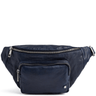 Navy blue waist bag with zippers on a white background