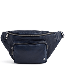 Navy blue waist bag with zippers on a white background