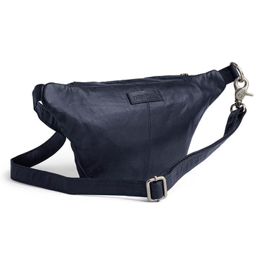 Navy blue waist bag with a strap on a white background