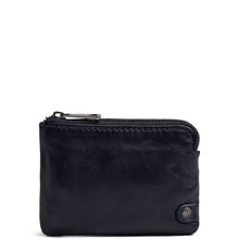 Black leather wallet with a zipper on a white background