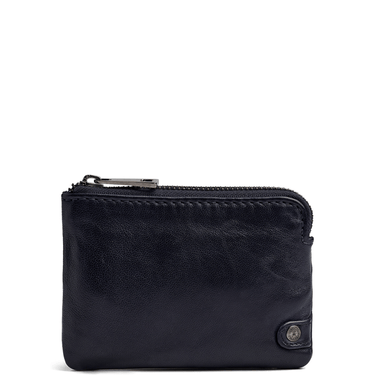 Black leather wallet with a zipper on a white background