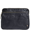 A black faux-leather pouch bag with two horizontal gold-tone zippers, shown against a plain white background.