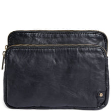 A black faux-leather pouch bag with two horizontal gold-tone zippers, shown against a plain white background.