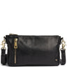 A black leather crossbody bag with gold-tone hardware, featuring a front vertical zipper, a top zip closure, and an adjustable shoulder strap, shown against a plain white background.