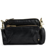 A black leather crossbody clutch bag with gold-tone hardware, featuring a top zip closure, a horizontal zip pocket, and a detachable shoulder strap, shown against a plain white background.