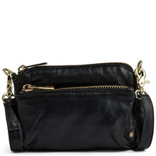 A black leather crossbody clutch bag with gold-tone hardware, featuring a top zip closure, a horizontal zip pocket, and a detachable shoulder strap, shown against a plain white background.