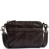 A dark brown distressed leather crossbody bag with a top zipper, a front zippered pocket, and an adjustable shoulder strap with metal hardware, shown against a plain white background.