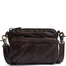 A dark brown distressed leather crossbody bag with a top zipper, a front zippered pocket, and an adjustable shoulder strap with metal hardware, shown against a plain white background.