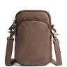 A brown leather crossbody phone bag with a front zippered pocket, adjustable shoulder strap, and brass-tone hardware, shown on a plain white background.