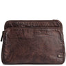 A dark brown distressed leather pouch with a top zipper and a front slip pocket, shown against a plain white background.
