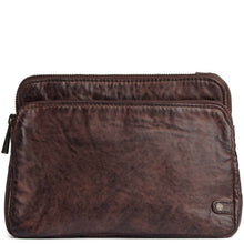 A dark brown distressed leather pouch with a top zipper and a front slip pocket, shown against a plain white background.
