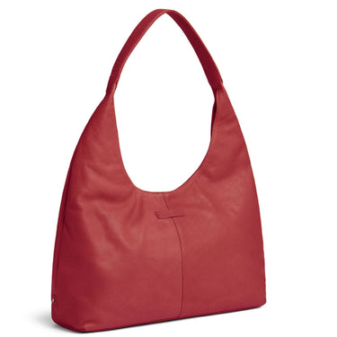 A red slouchy shoulder bag with a single strap, made of smooth leather or faux leather, shown on a plain white background.