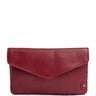 A burgundy pebbled leather envelope clutch wallet with a small gold-tone snap button on the bottom right corner, shown against a plain white background.