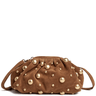 Brown handbag with gold studs on a white background