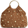 Brown handbag with gold studs on a white background