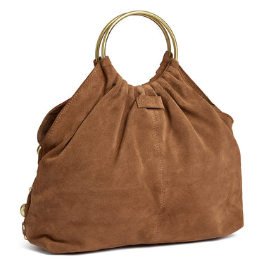 Brown suede handbag with gold accents on a white background