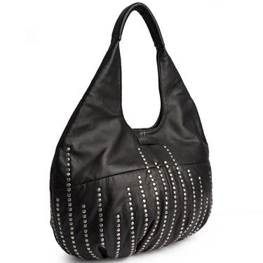 A black faux-leather hobo shoulder bag with vertical rows of silver-tone metal studs, shown on a plain white background.