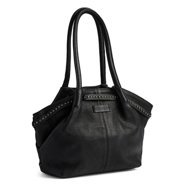 Black handbag with studded details on a white background