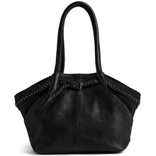 Black leather handbag with studded details on a white background