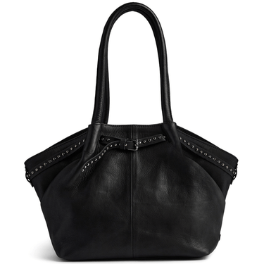 Black leather handbag with studded details on a white background