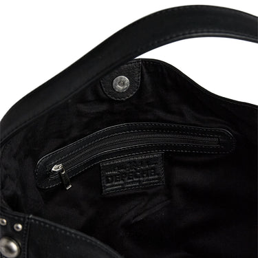 Close-up of a black bag with a zipper and brand logo on a white background