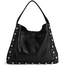 Black leather handbag with silver studs on a white background