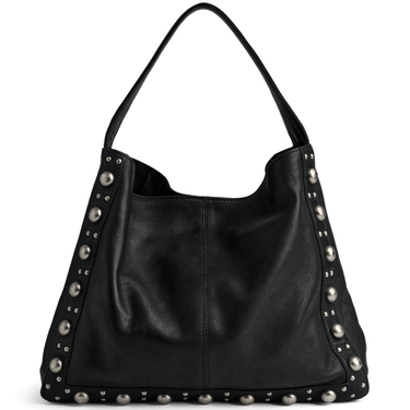 Black leather handbag with silver studs on a white background