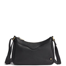 A black pebbled leather crescent-shaped shoulder bag with a curved flap front, gold-tone hardware, and a matching black leather strap, shown on a plain white background.