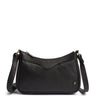 A black pebbled leather crescent-shaped shoulder bag with a matching adjustable strap, gold-tone hardware, and a small round metal logo button on the front, shown against a plain white background.