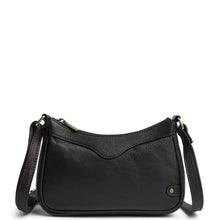 A black pebbled leather crescent-shaped shoulder bag with a matching adjustable strap, gold-tone hardware, and a small round metal logo button on the front, shown against a plain white background.