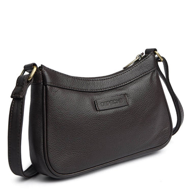 A dark brown pebbled leather crescent-shaped shoulder bag with a front zipper, a small rectangular brand plaque, and a matching leather shoulder strap, shown on a white background.