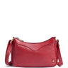 A red pebbled leather crescent-shaped shoulder bag with a matching shoulder strap, gold-tone hardware, and a zippered top closure, shown against a plain white background.