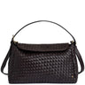 A dark brown woven leather handbag with a top handle and shoulder strap, shown against a plain white background.