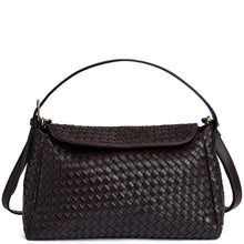 A dark brown woven leather handbag with a top handle and shoulder strap, shown against a plain white background.