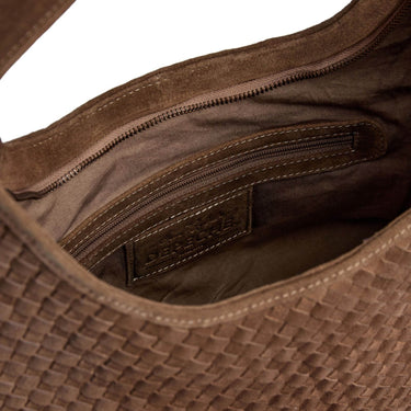Brown leather bag with woven texture and visible brand logo on a white background
