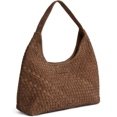Brown woven handbag on a white background