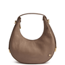 Brown leather handbag with gold accents on a white background