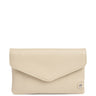 A light beige pebbled leather envelope clutch bag with a small silver-tone logo emblem on the bottom right corner, set against a plain white background.