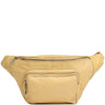 pale yellow leather waist bag with zippers on a white background