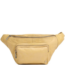 pale yellow leather waist bag with zippers on a white background